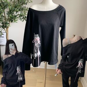 Black Off Shoulder Cat Graphic Sweatshirt Bow Detail Y2K Top M NWT